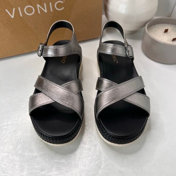 Vionic Mar Leather Strappy Platform Sandal Pewter Buckle I8675L9020 Women 6M NWB - Picture 5 of 11